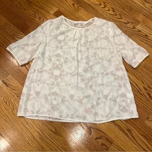 Hunter Bell New York Floral White Sheer Blouse Silk Short Sleeve Women’s Large